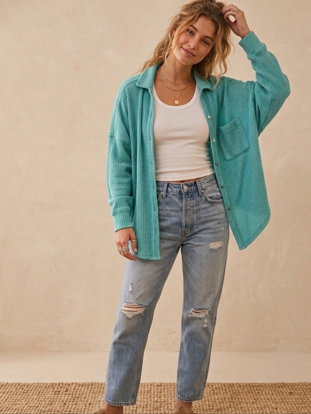 FP Movement by Free People Teal Waffle-Knit Button Hoodie
